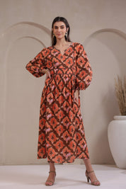 Women’s Orange Printed Cotton Voile Dress with Sequin & Lace Work - Nyaro