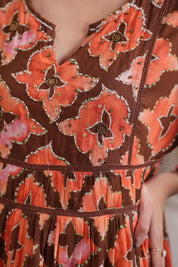 Women’s Orange Printed Cotton Voile Dress with Sequin & Lace Work - Nyaro