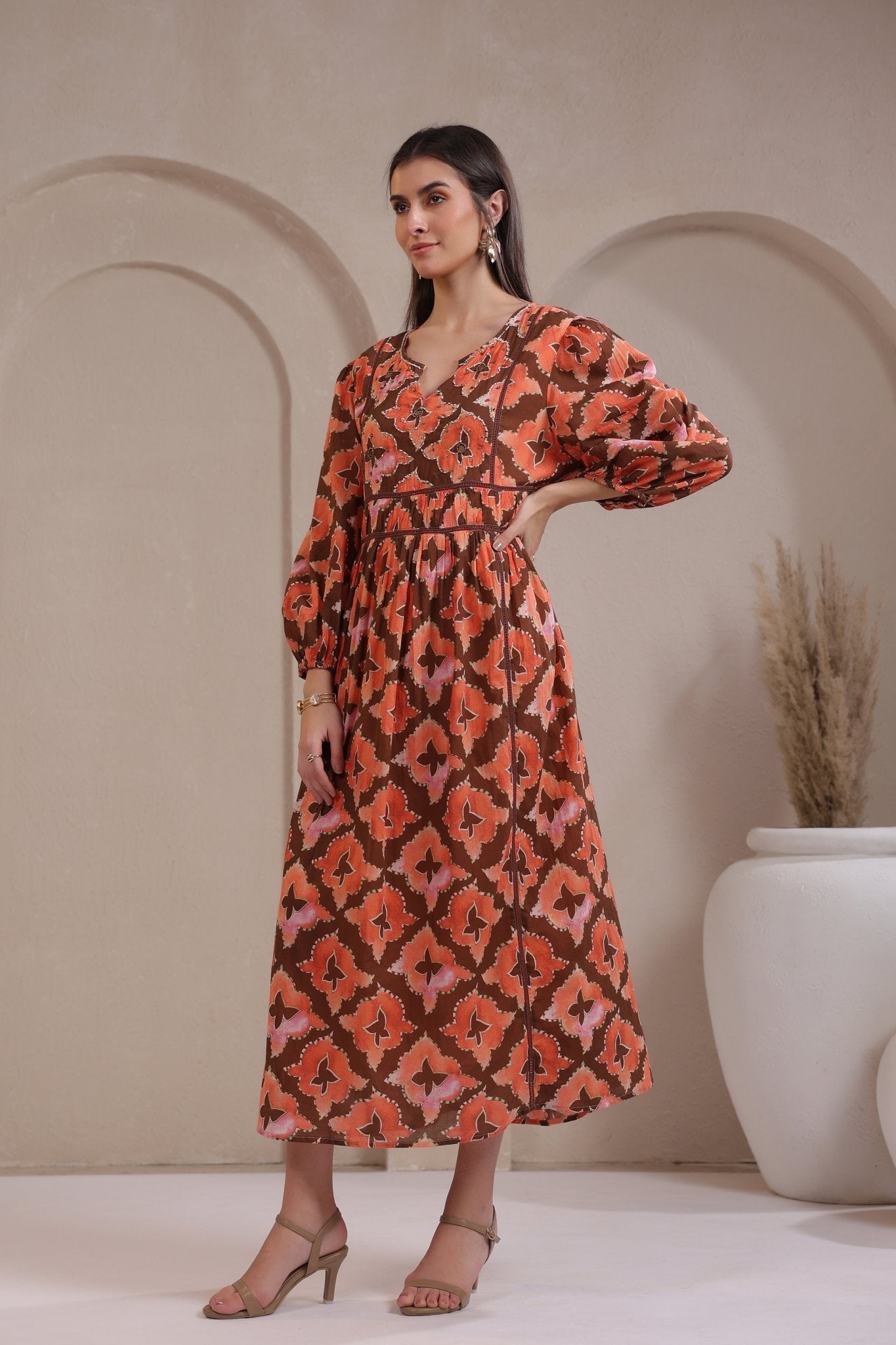 Women’s Orange Printed Cotton Voile Dress with Sequin & Lace Work - Nyaro