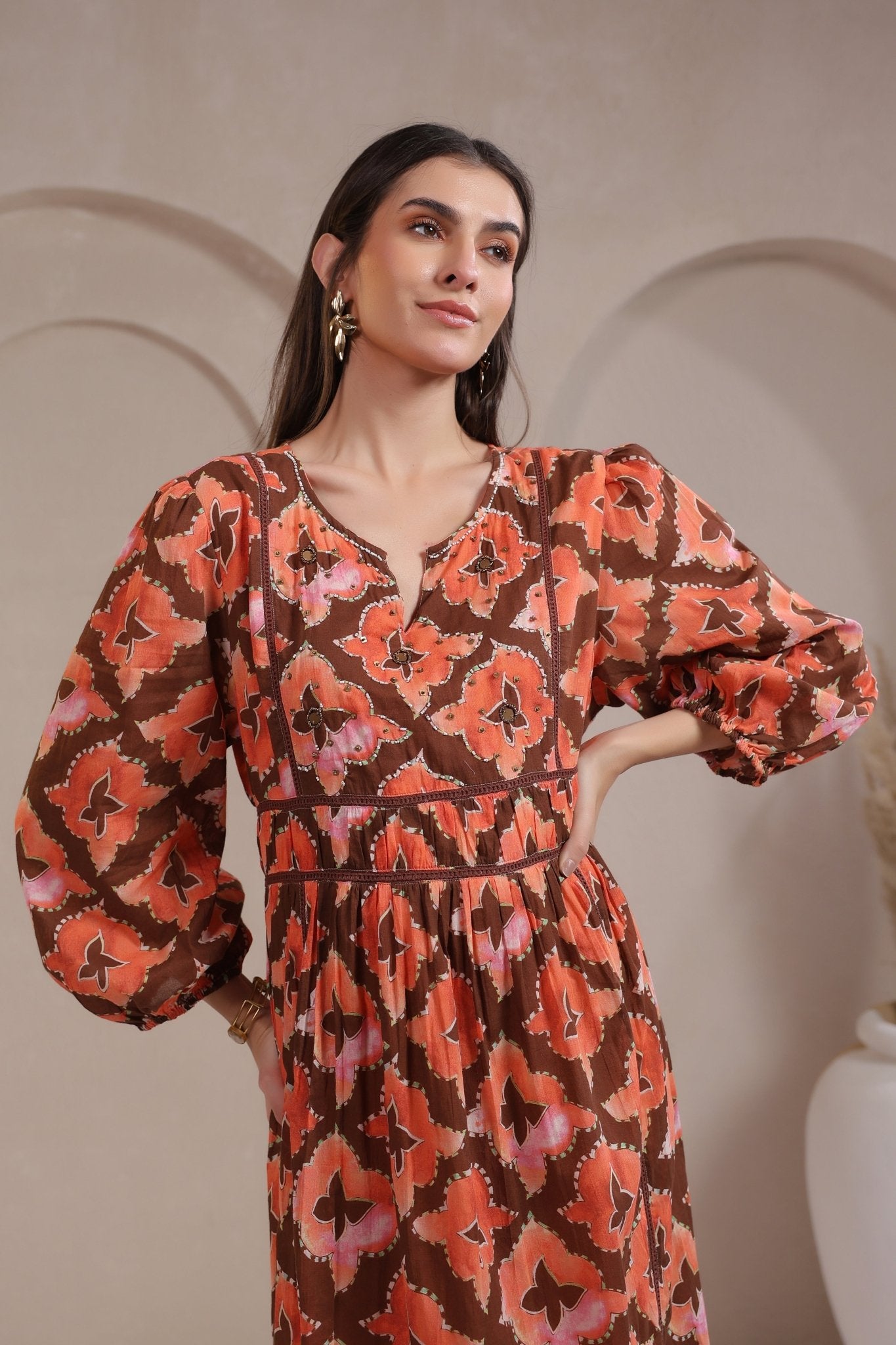 Women’s Orange Printed Cotton Voile Dress with Sequin & Lace Work - Nyaro