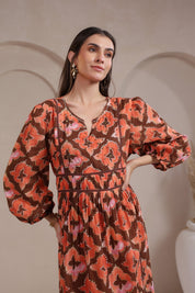 Women’s Orange Printed Cotton Voile Dress with Sequin & Lace Work - Nyaro