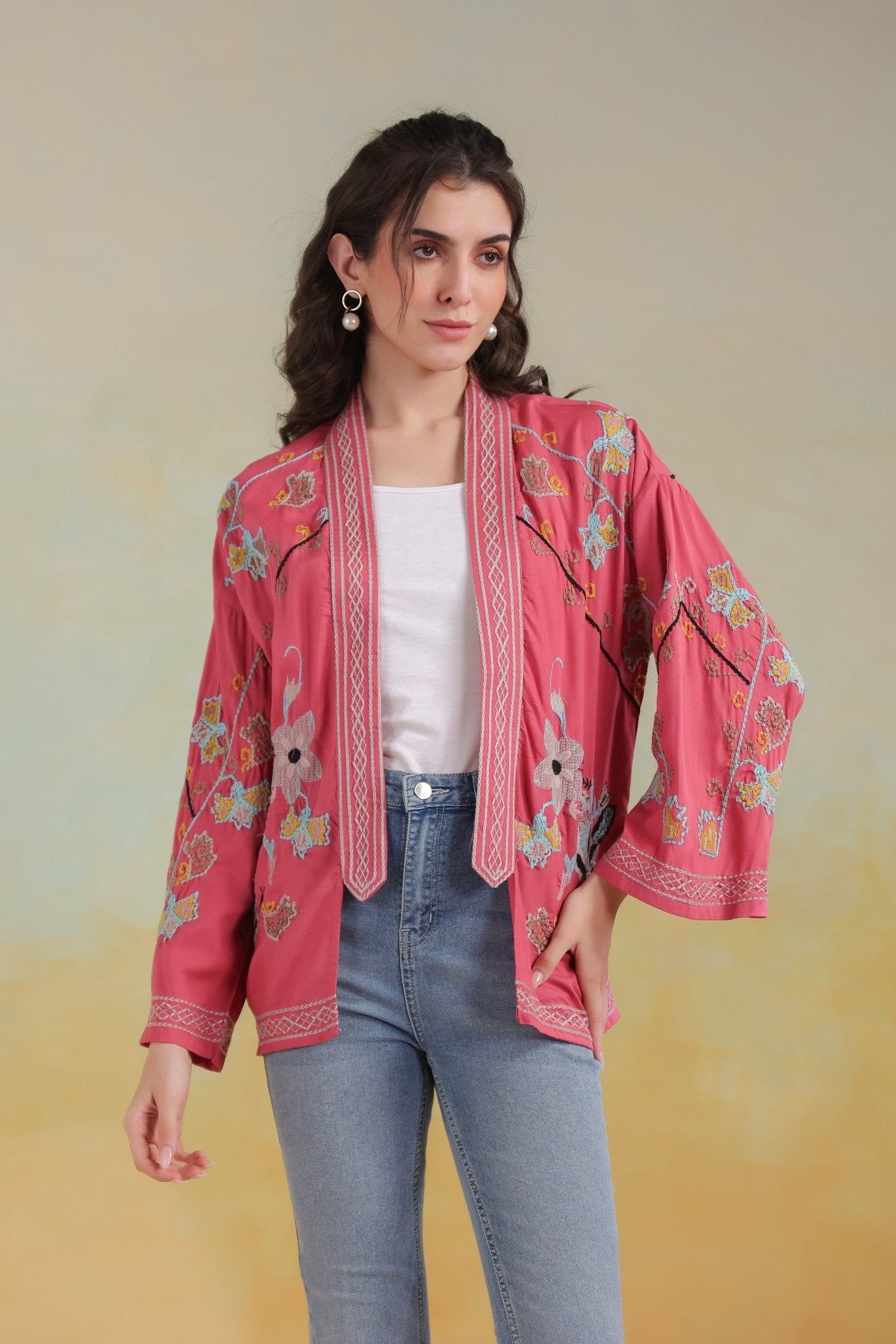 Women’s Peach Rayon Solid Embroidered Shrug - Nyaro