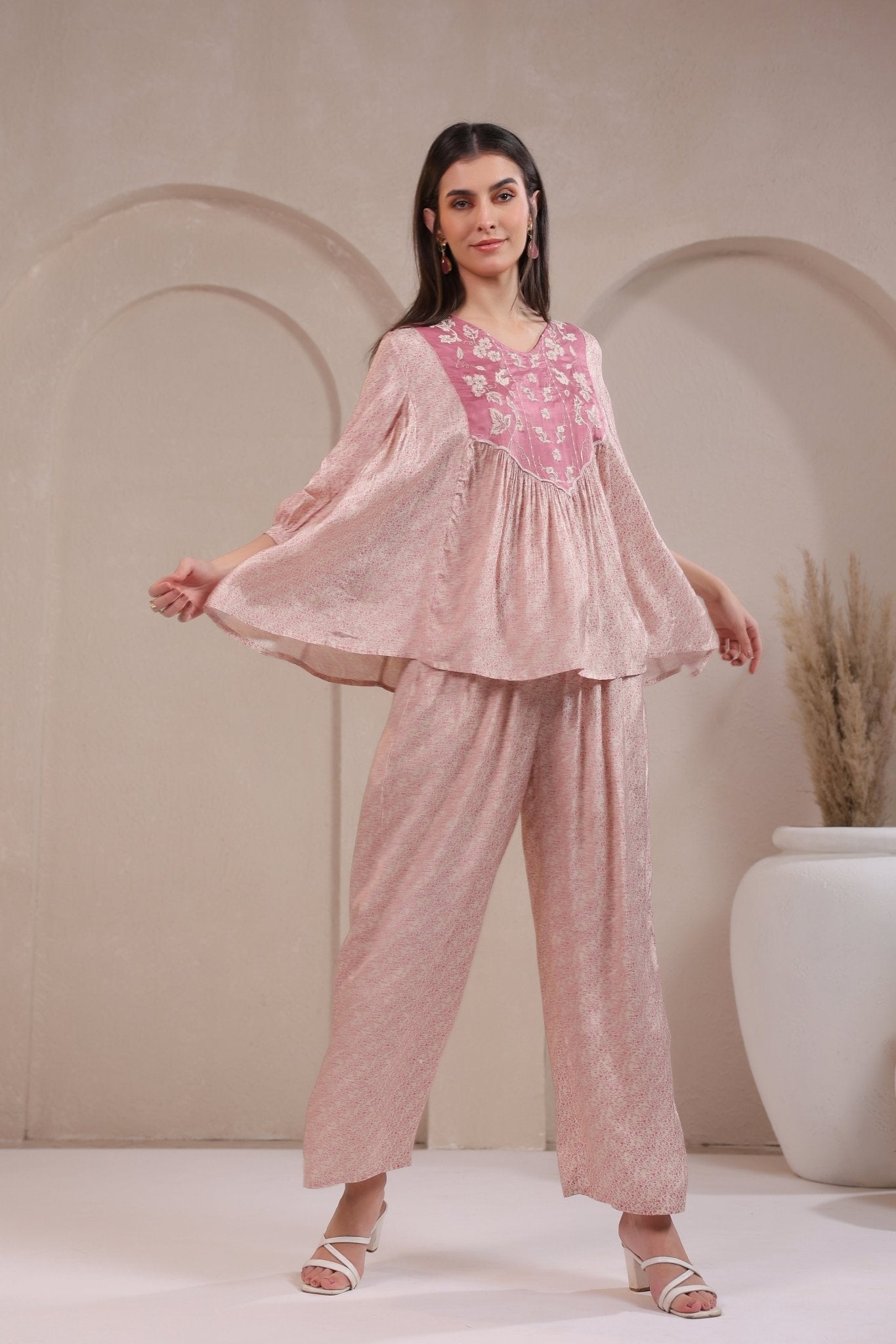 Women's Pink Embroidered Viscose Santoon Co - Ord Set - Nyaro