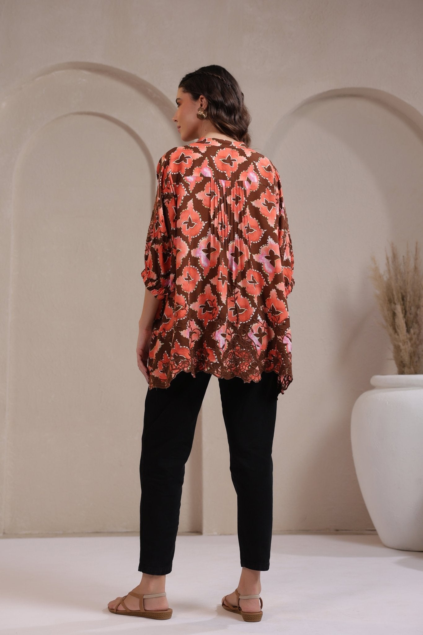 Women’s Rust Color Rayon Printed Top with Cut Work Embroidery - Nyaro