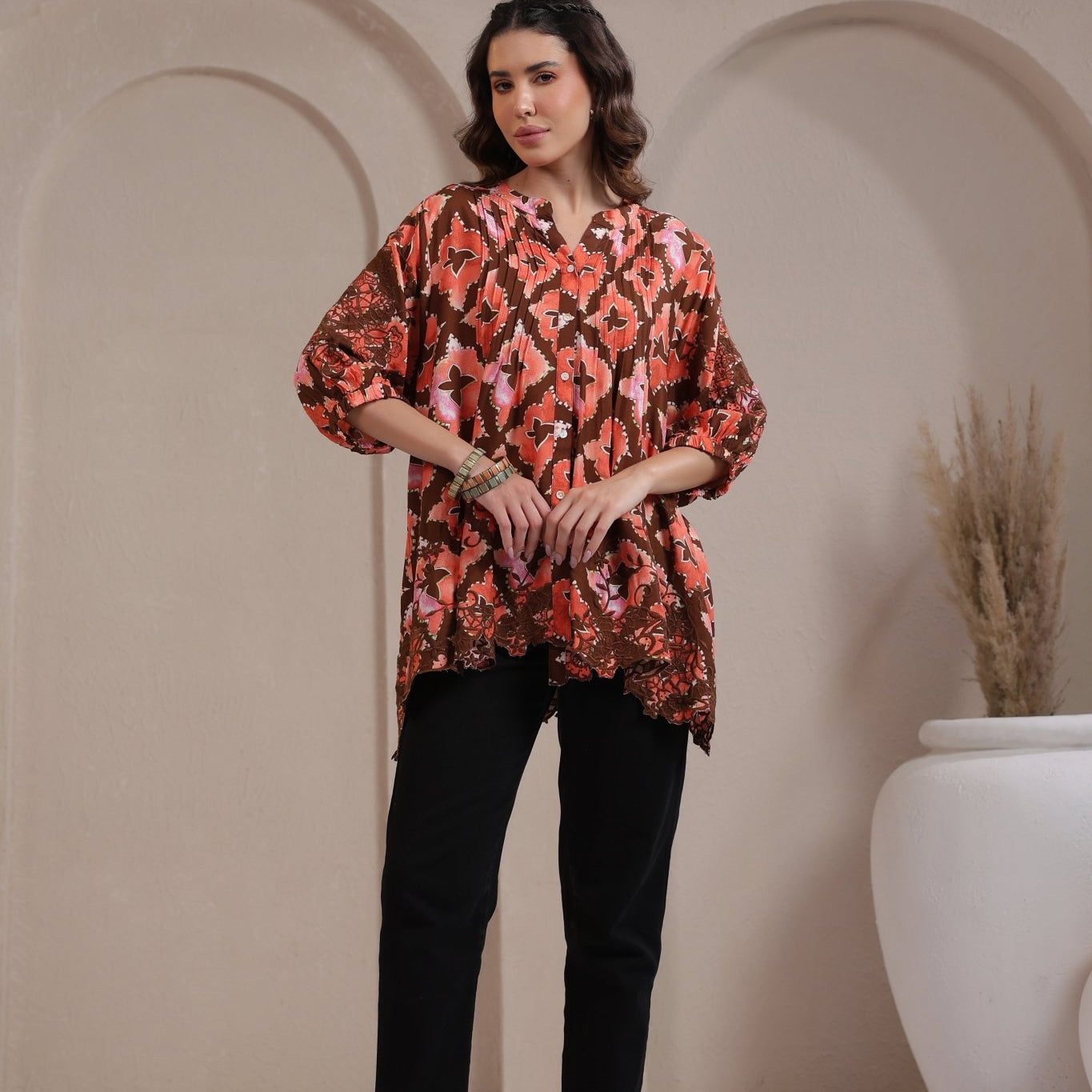 Women’s Rust Color Rayon Printed Top with Cut Work Embroidery - Nyaro