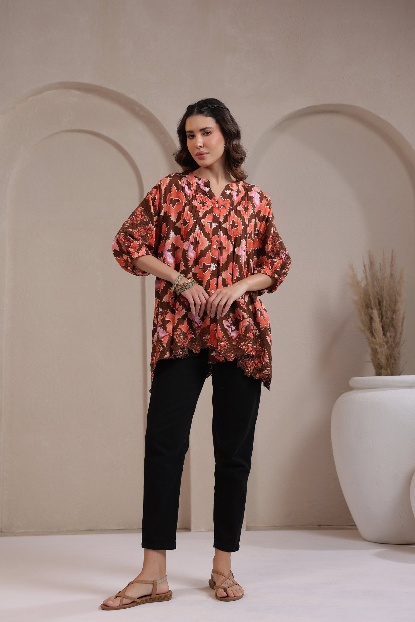 Women’s Rust Color Rayon Printed Top with Cut Work Embroidery - Nyaro