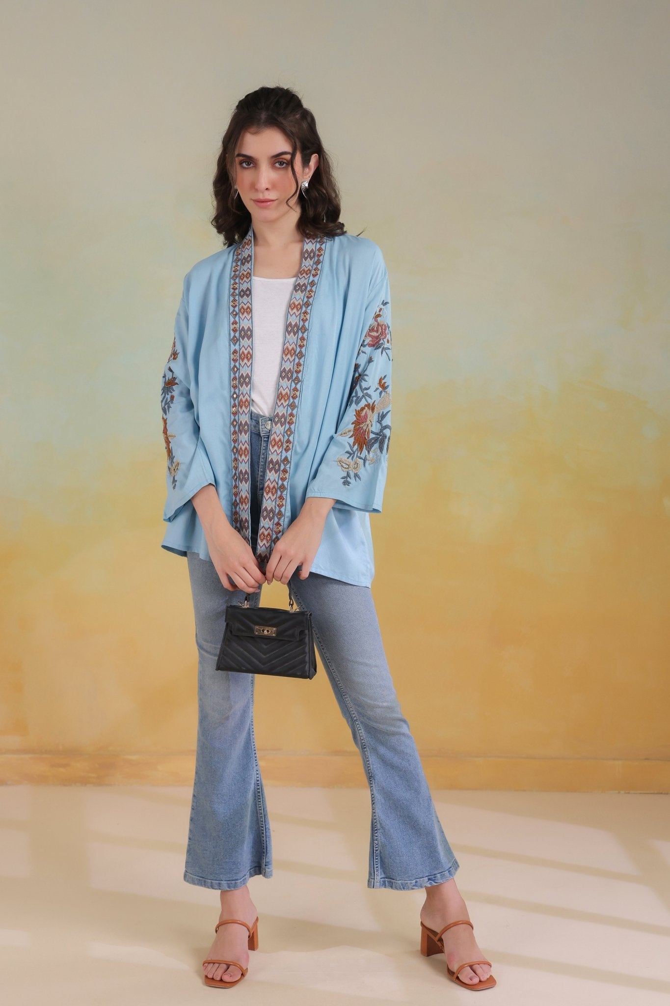 Women’s Sky Blue Viscose Rayon Embroidered Shrug - Nyaro