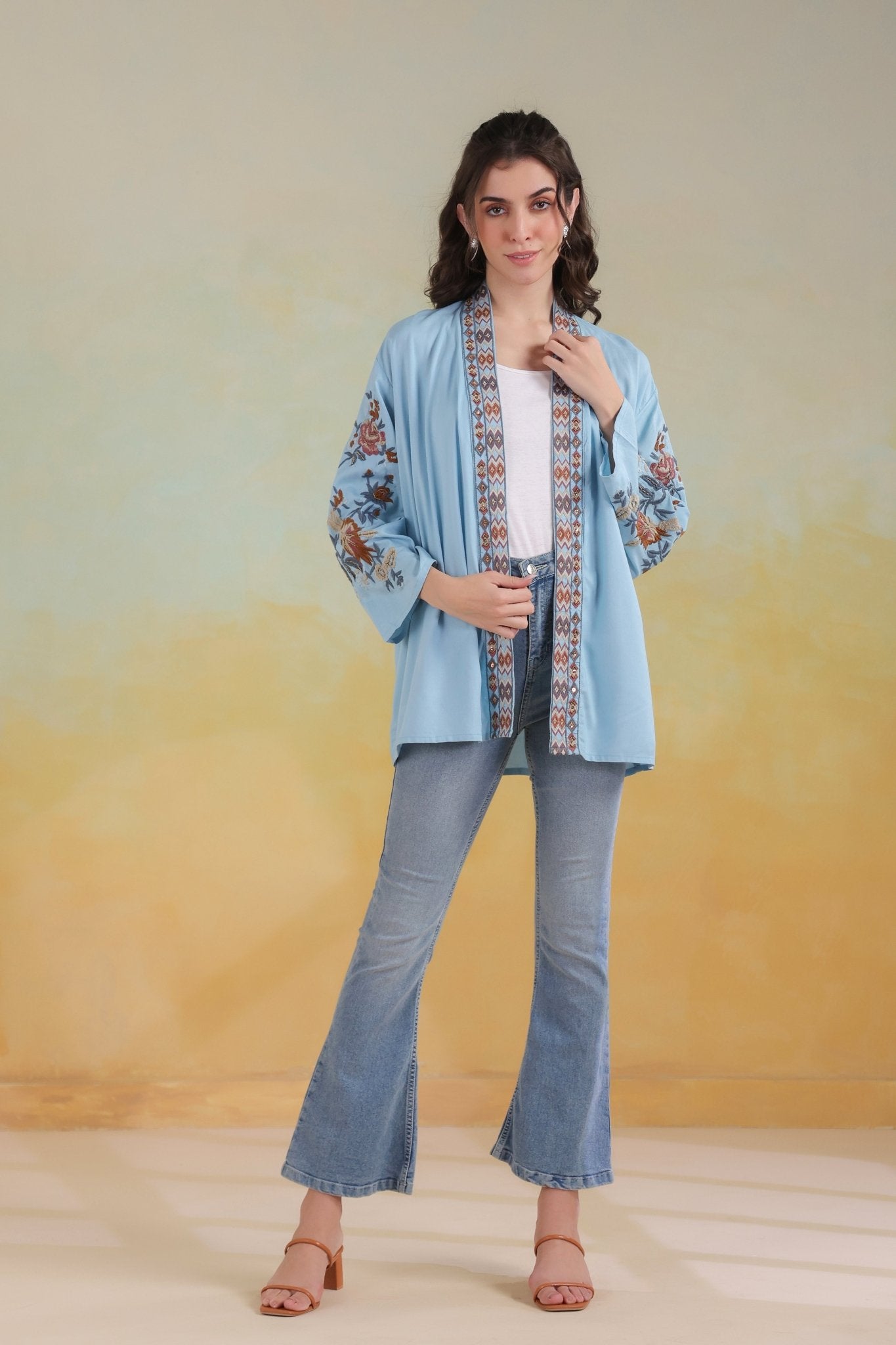 Women’s Sky Blue Viscose Rayon Embroidered Shrug - Nyaro