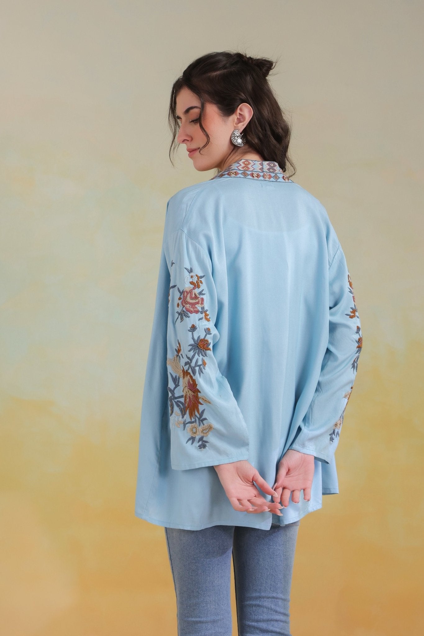 Women’s Sky Blue Viscose Rayon Embroidered Shrug - Nyaro