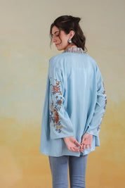 Women’s Sky Blue Viscose Rayon Embroidered Shrug - Nyaro