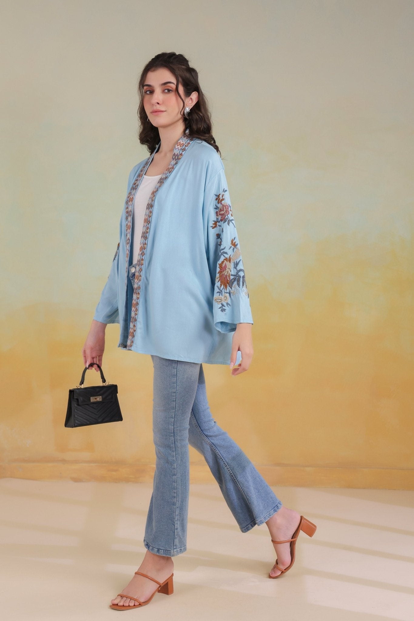 Women’s Sky Blue Viscose Rayon Embroidered Shrug - Nyaro