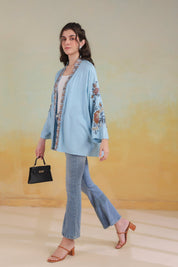 Women’s Sky Blue Viscose Rayon Embroidered Shrug - Nyaro