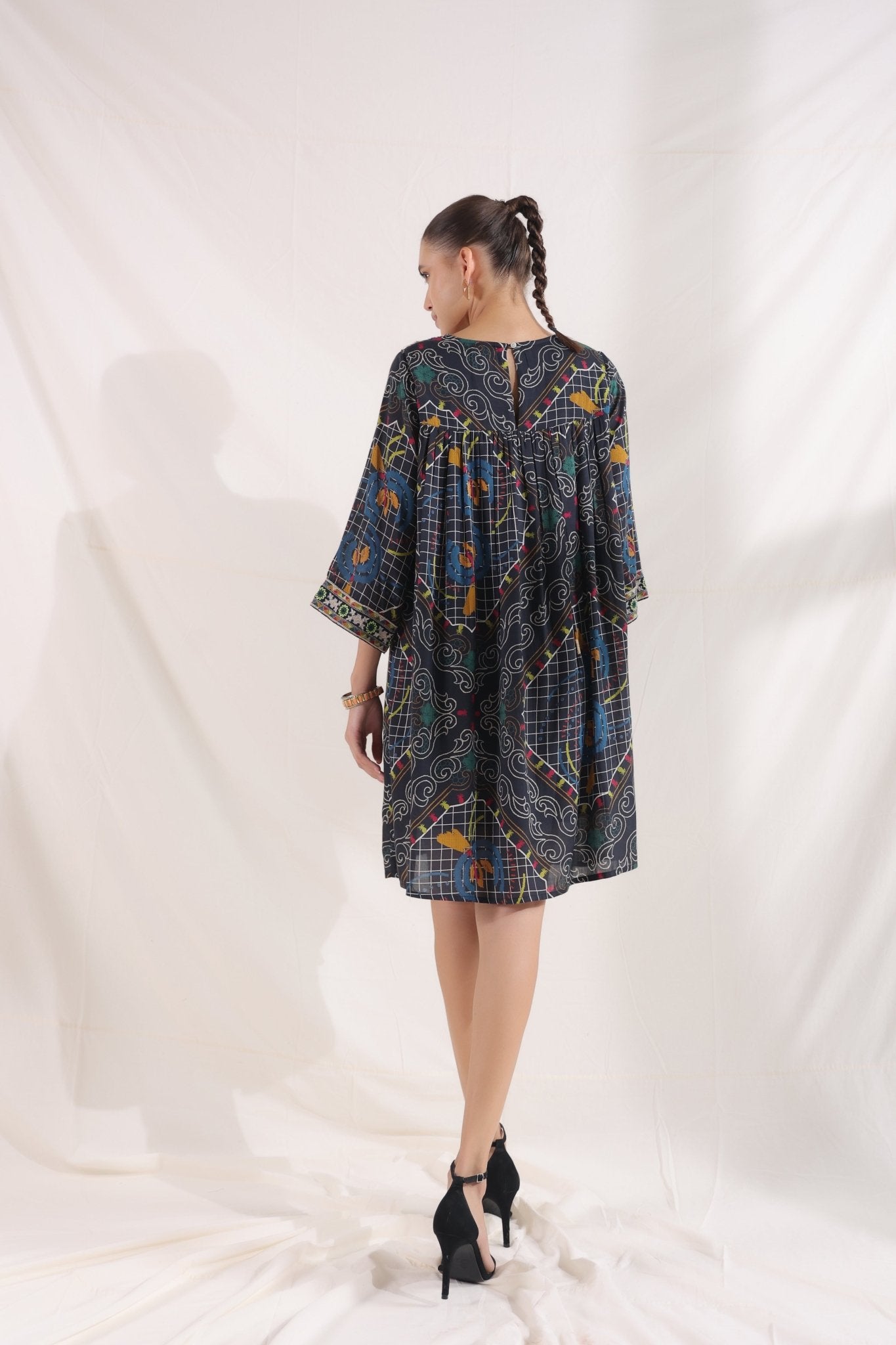 Women’s Viscose Black Santoon Digital Printed Embroidery & Beads Work Mini Dress - Nyaro