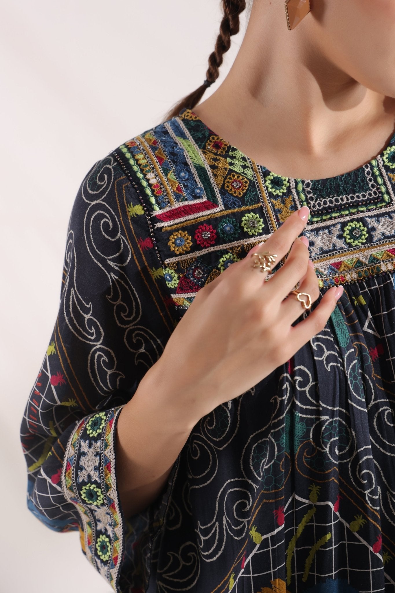 Women’s Viscose Black Santoon Digital Printed Embroidery & Beads Work Mini Dress - Nyaro