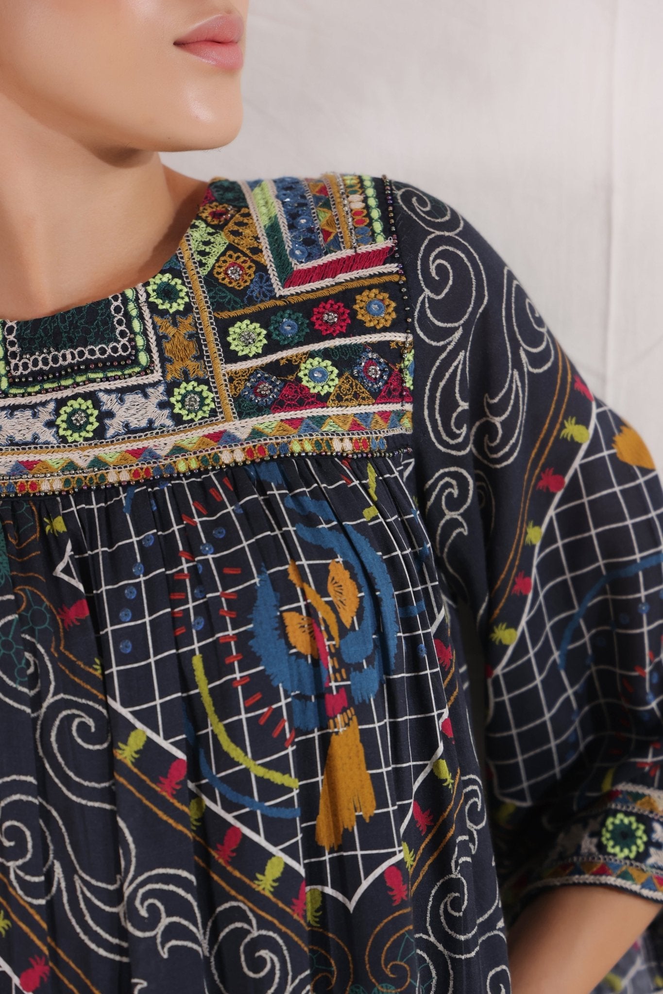 Women’s Viscose Black Santoon Digital Printed Embroidery & Beads Work Mini Dress - Nyaro