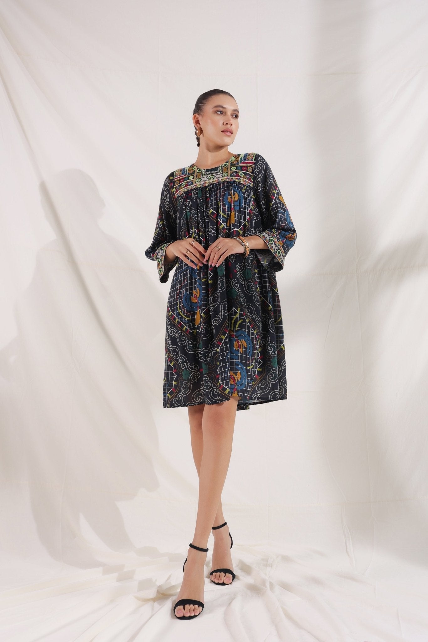 Women’s Viscose Black Santoon Digital Printed Embroidery & Beads Work Mini Dress - Nyaro
