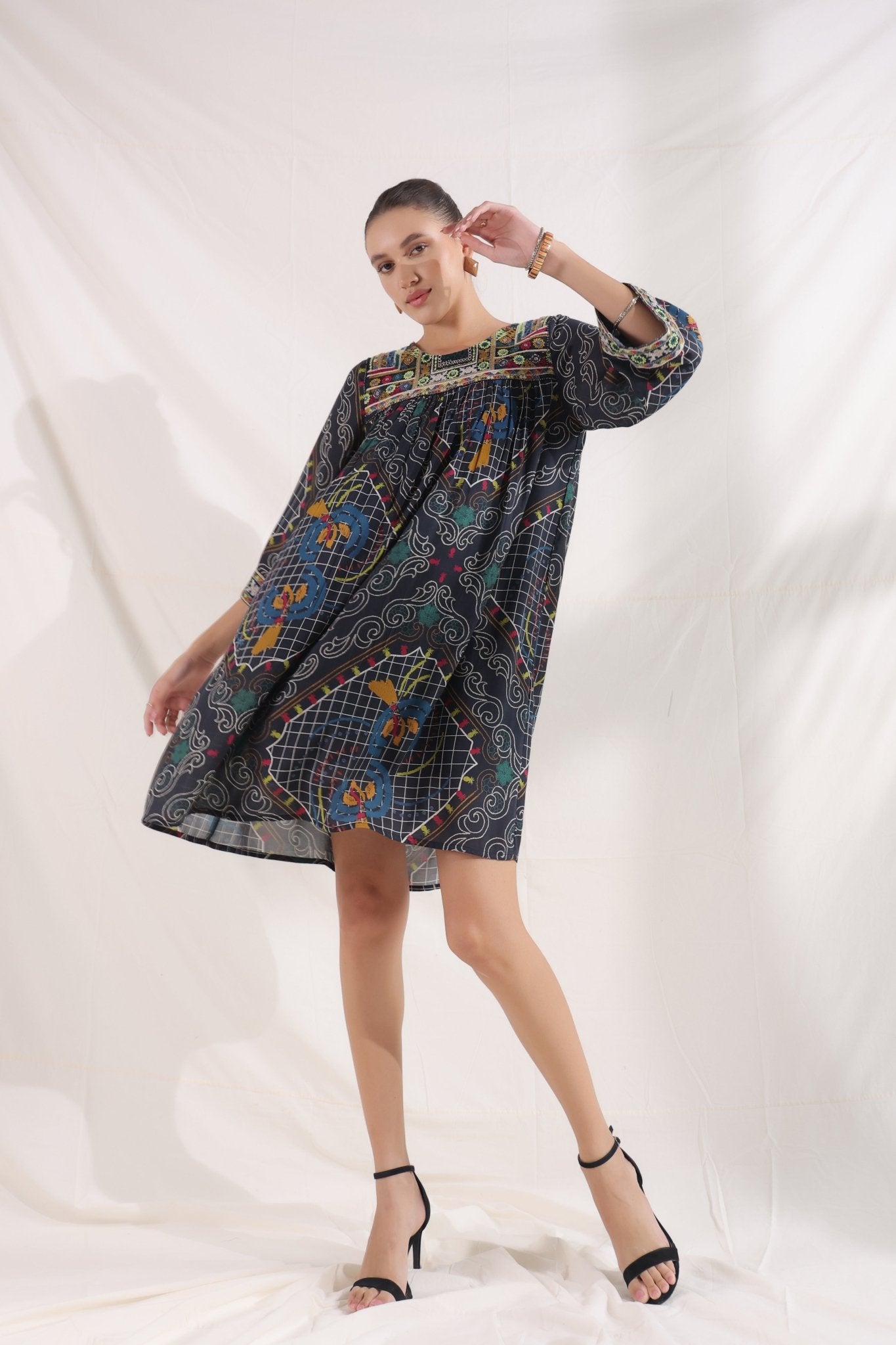 Women’s Viscose Black Santoon Digital Printed Embroidery & Beads Work Mini Dress - Nyaro