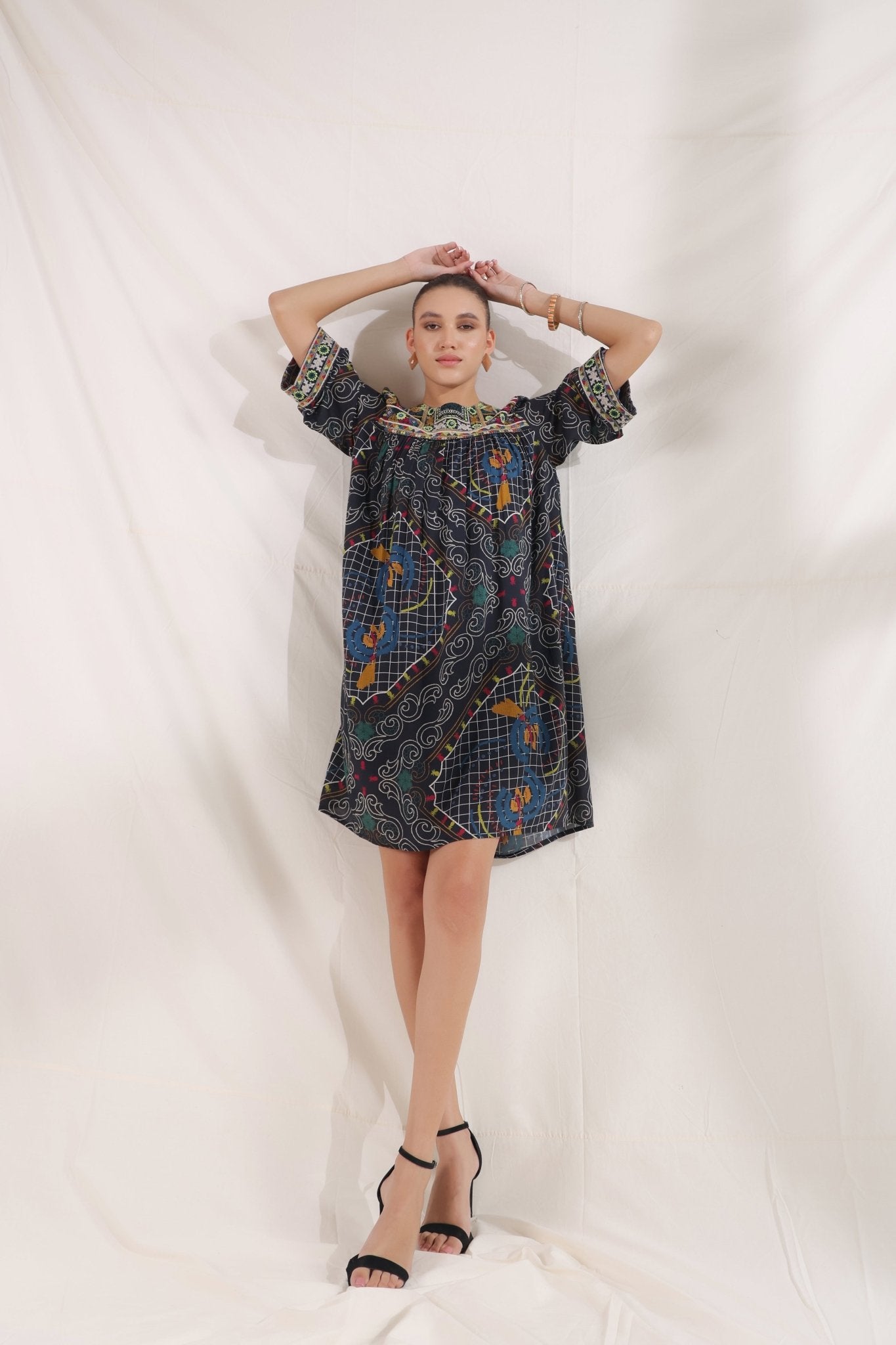 Women’s Viscose Black Santoon Digital Printed Embroidery & Beads Work Mini Dress - Nyaro