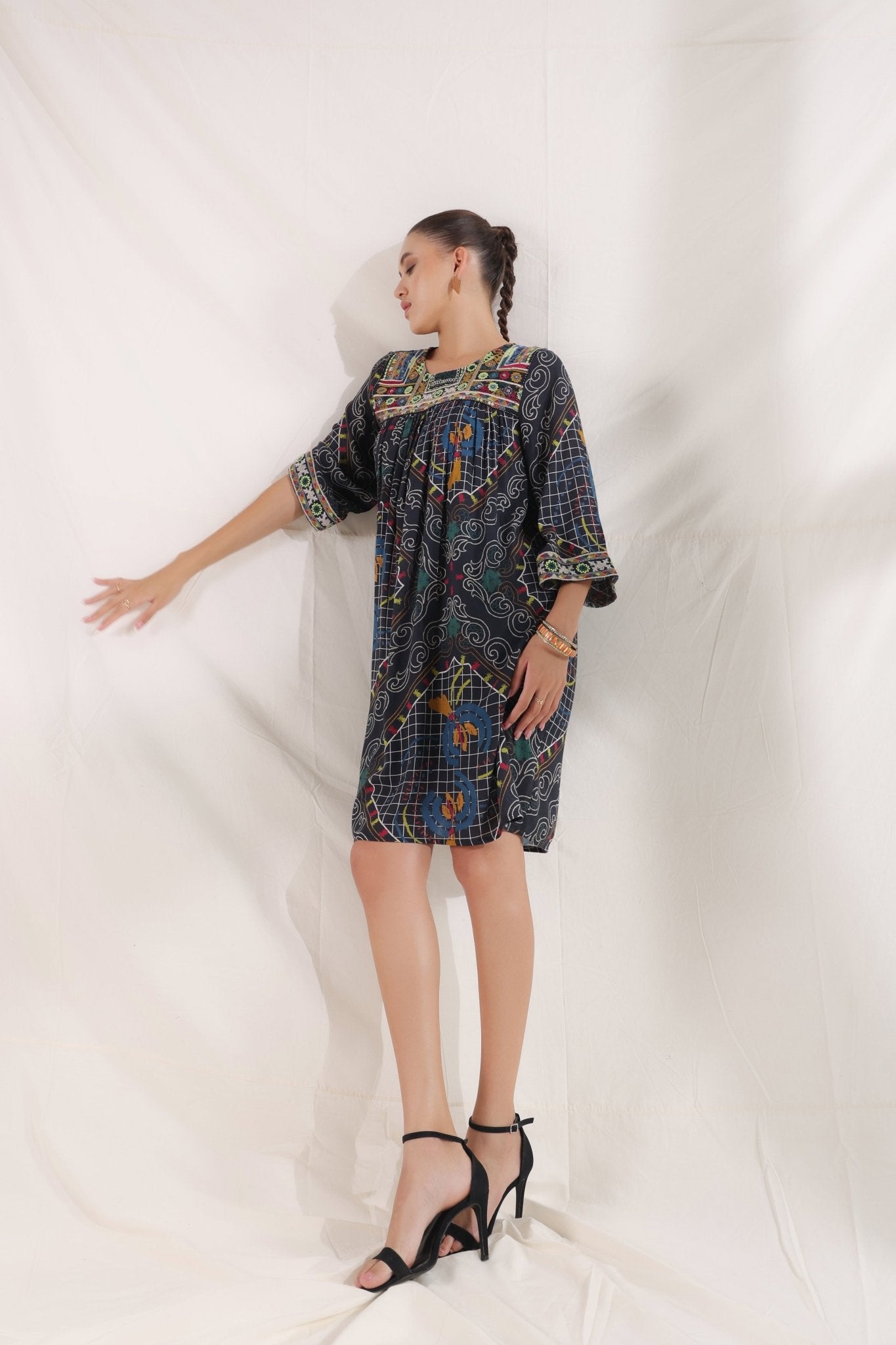 Women’s Viscose Black Santoon Digital Printed Embroidery & Beads Work Mini Dress - Nyaro