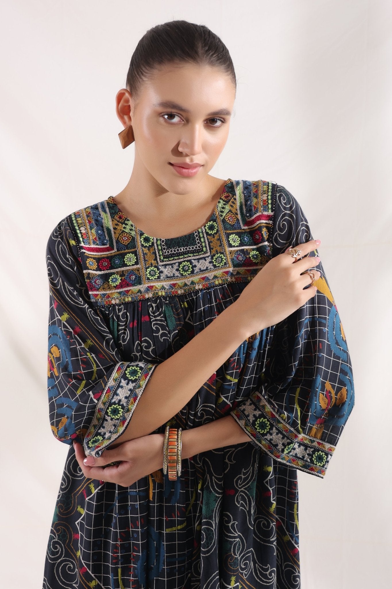 Women’s Viscose Black Santoon Digital Printed Embroidery & Beads Work Mini Dress - Nyaro