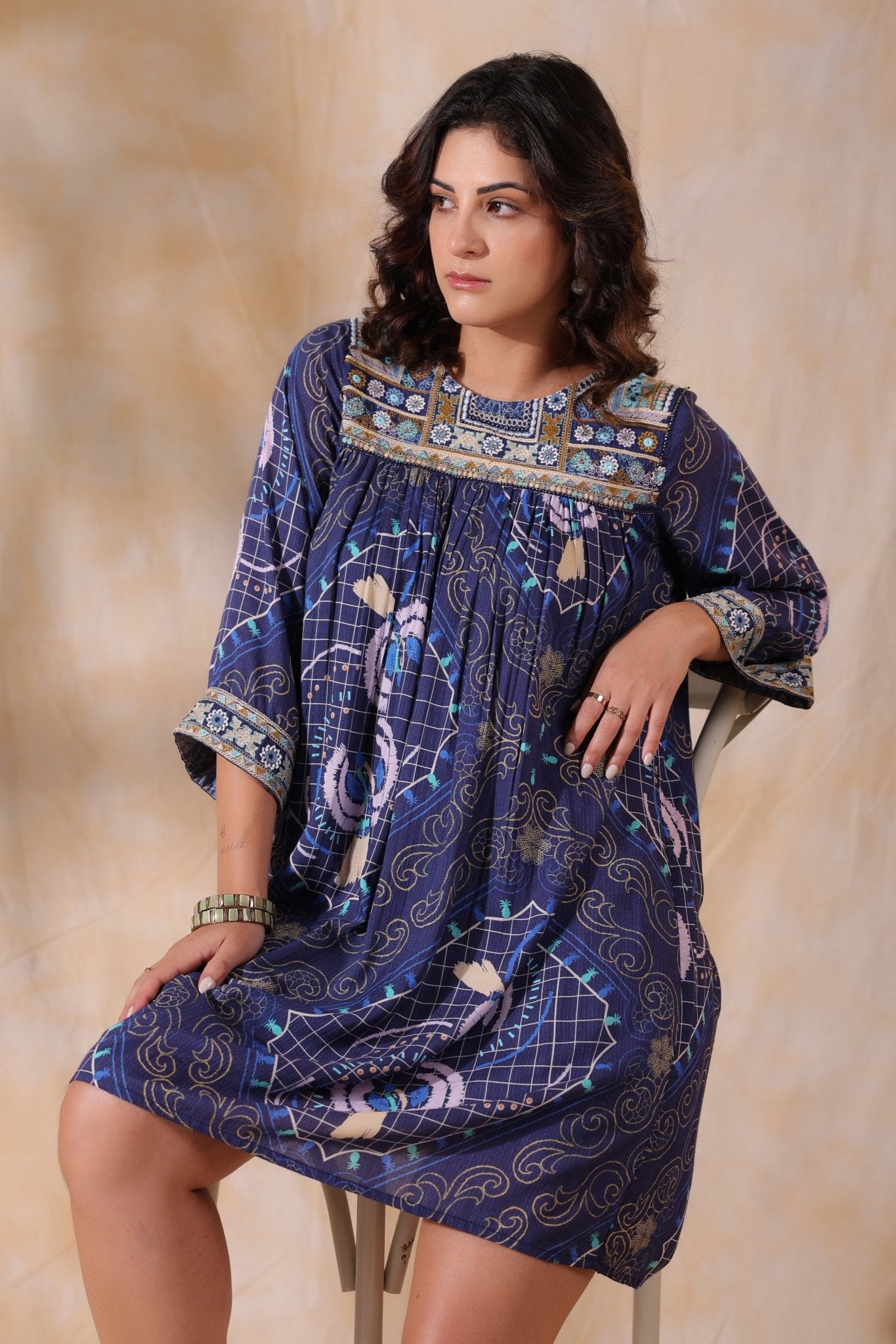 Women’s Viscose Blue Santoon Digital Printed Embroidery & Beads Work Mini Dress - Nyaro