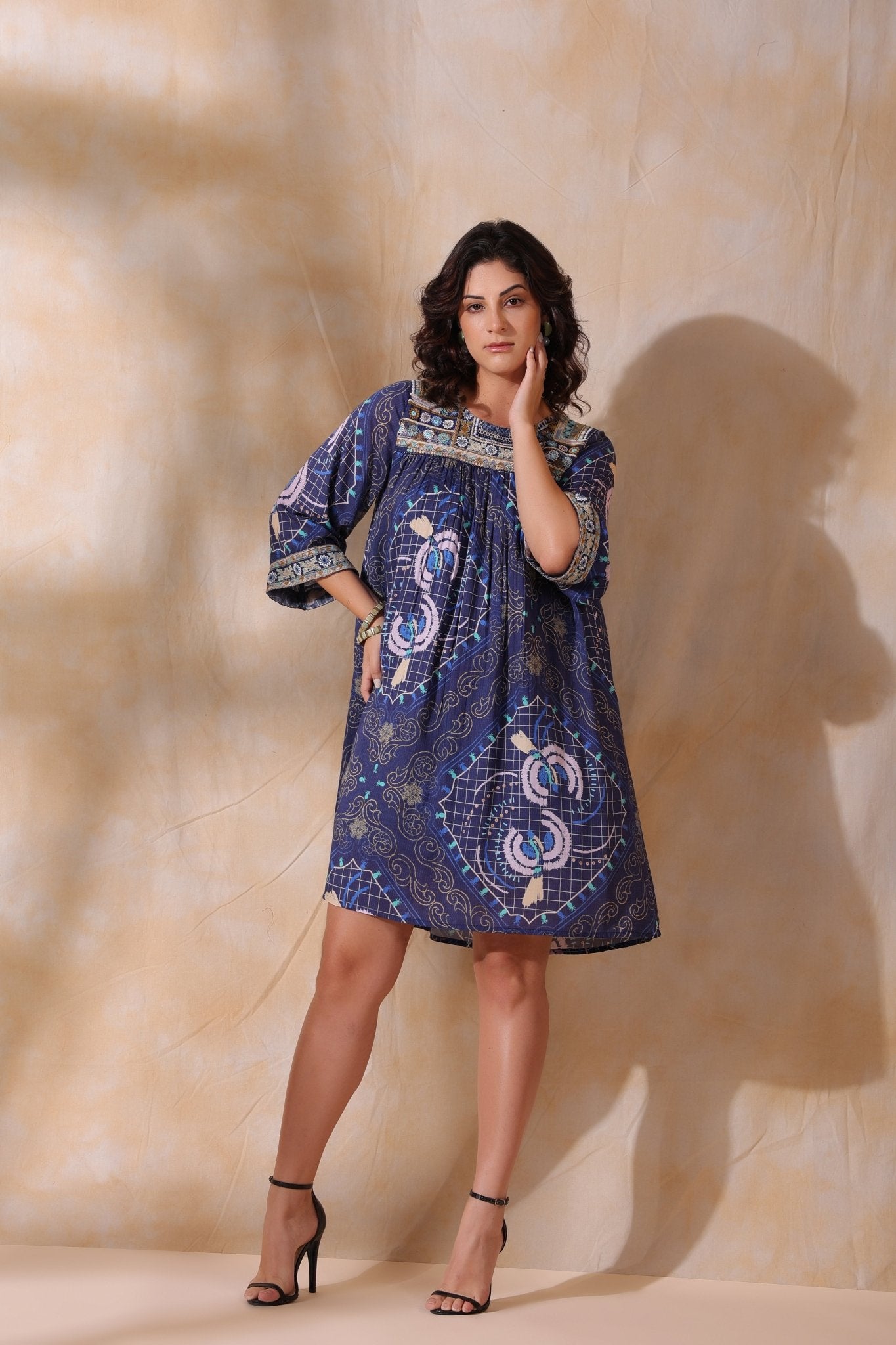 Women’s Viscose Blue Santoon Digital Printed Embroidery & Beads Work Mini Dress - Nyaro