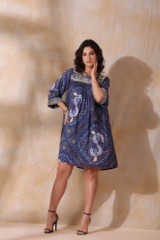 Women’s Viscose Blue Santoon Digital Printed Embroidery & Beads Work Mini Dress - Nyaro