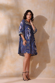 Women’s Viscose Blue Santoon Digital Printed Embroidery & Beads Work Mini Dress - Nyaro