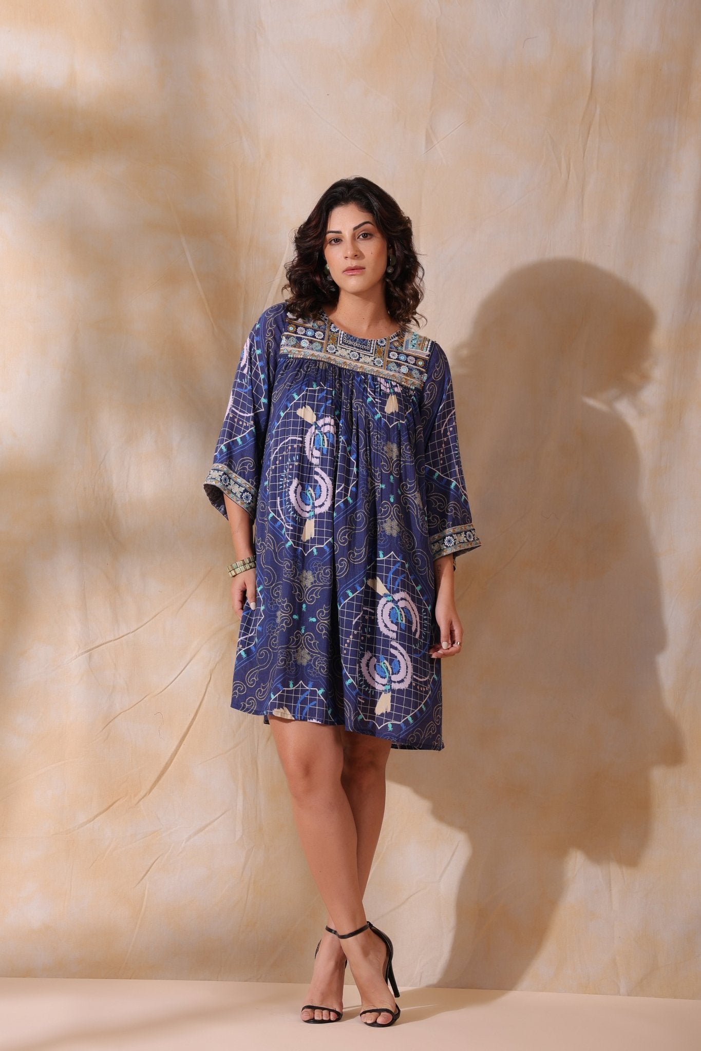Women’s Viscose Blue Santoon Digital Printed Embroidery & Beads Work Mini Dress - Nyaro