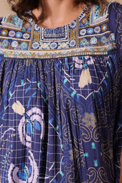 Women’s Viscose Blue Santoon Digital Printed Embroidery & Beads Work Mini Dress - Nyaro