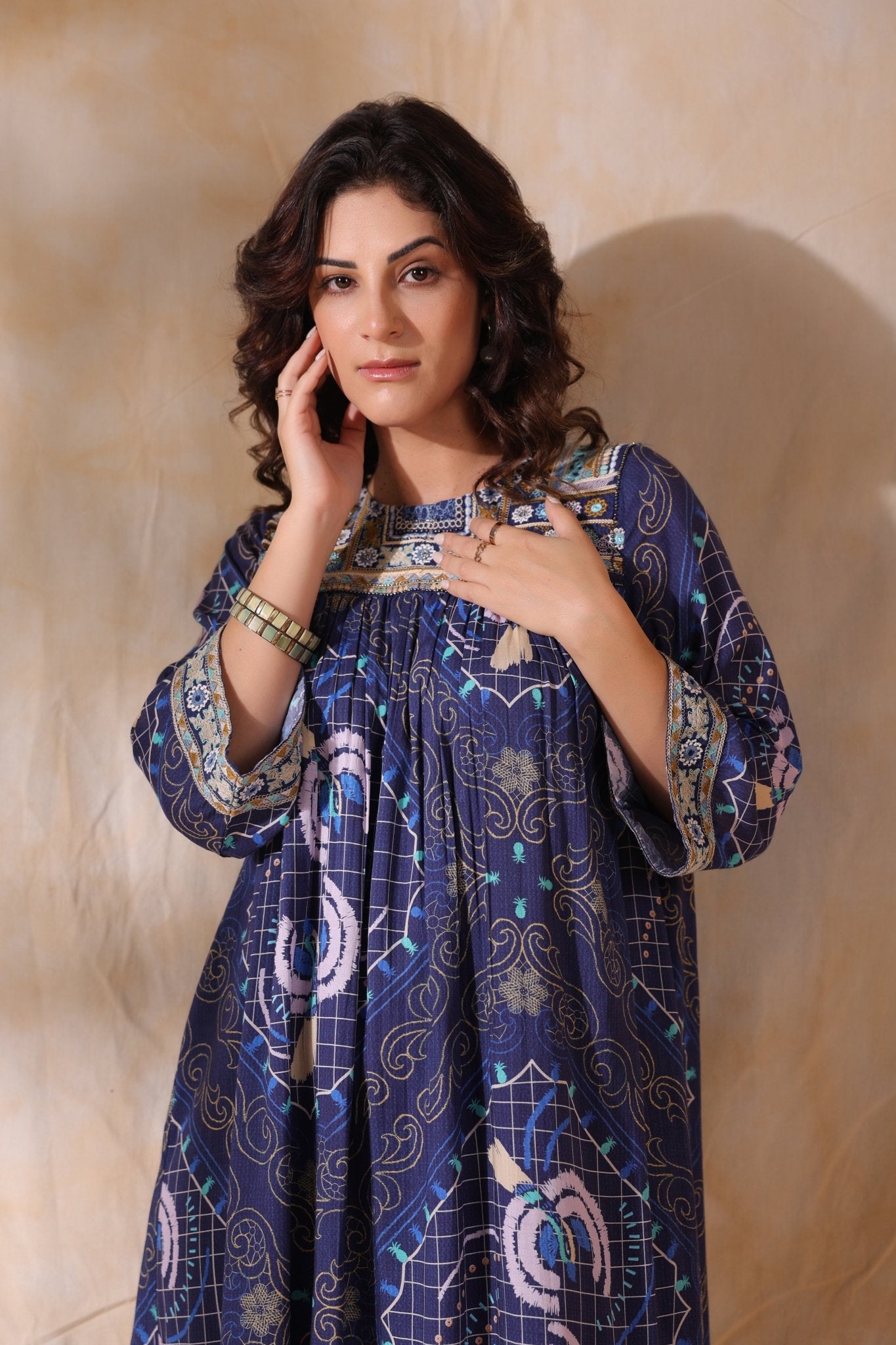 Women’s Viscose Blue Santoon Digital Printed Embroidery & Beads Work Mini Dress - Nyaro