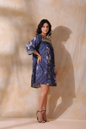 Women’s Viscose Blue Santoon Digital Printed Embroidery & Beads Work Mini Dress - Nyaro