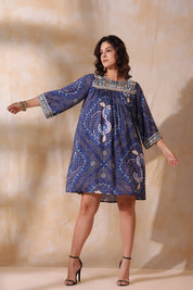 Women’s Viscose Blue Santoon Digital Printed Embroidery & Beads Work Mini Dress - Nyaro