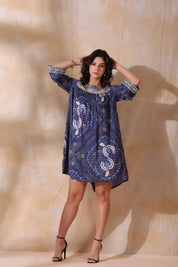 Women’s Viscose Blue Santoon Digital Printed Embroidery & Beads Work Mini Dress - Nyaro
