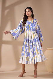 Womens Viscose Rayon Blue Yellow Printed Embroidery Dress - Nyaro