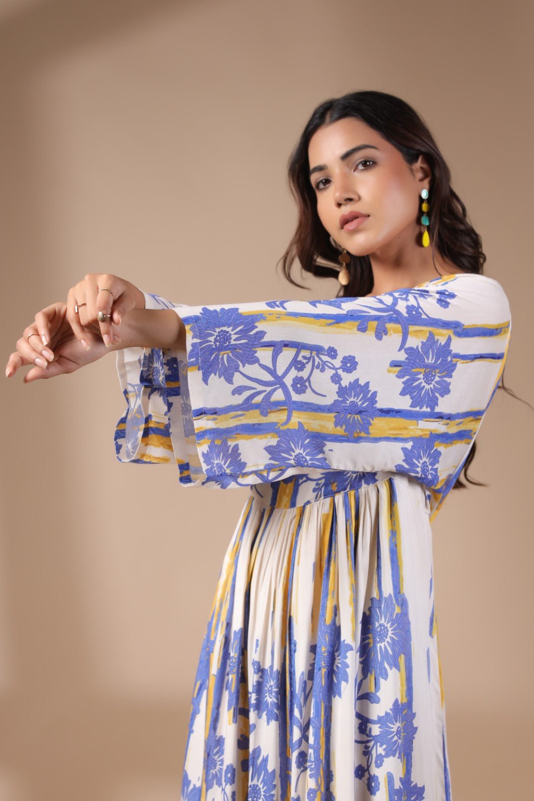 Womens Viscose Rayon Blue Yellow Printed Embroidery Dress - Nyaro