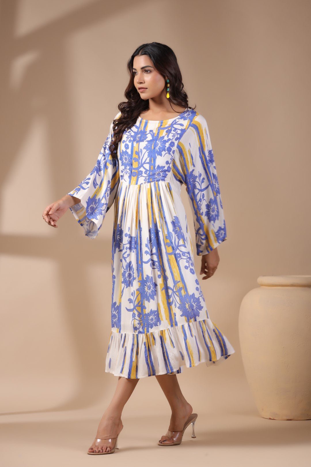 Womens Viscose Rayon Blue Yellow Printed Embroidery Dress - Nyaro