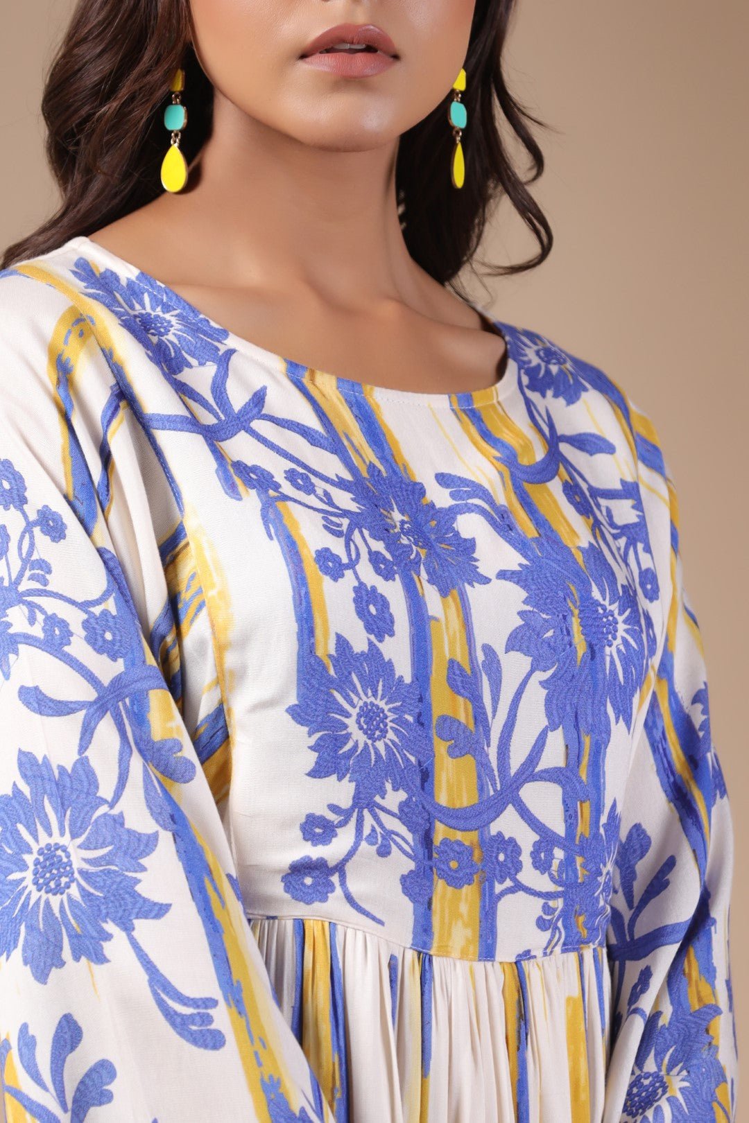 Womens Viscose Rayon Blue Yellow Printed Embroidery Dress - Nyaro