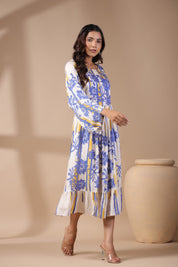 Womens Viscose Rayon Blue Yellow Printed Embroidery Dress - Nyaro