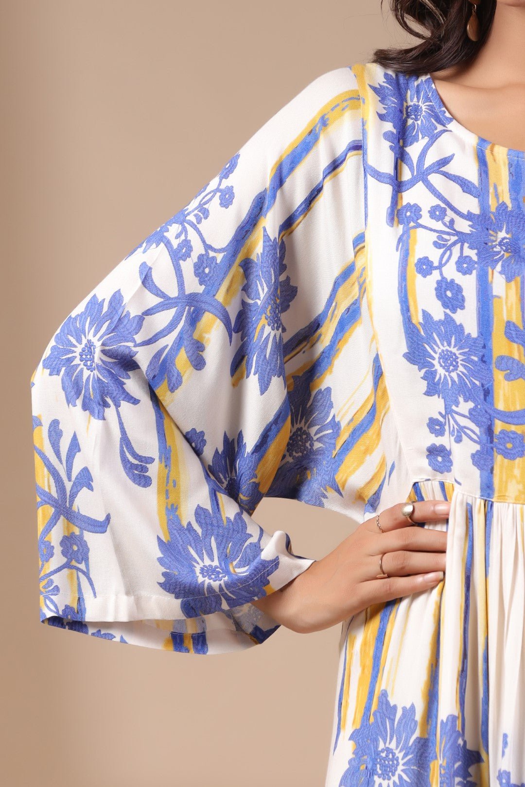 Womens Viscose Rayon Blue Yellow Printed Embroidery Dress - Nyaro