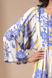 Womens Viscose Rayon Blue Yellow Printed Embroidery Dress - Nyaro