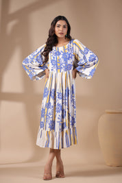 Womens Viscose Rayon Blue Yellow Printed Embroidery Dress - Nyaro