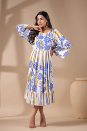Womens Viscose Rayon Blue Yellow Printed Embroidery Dress - Nyaro