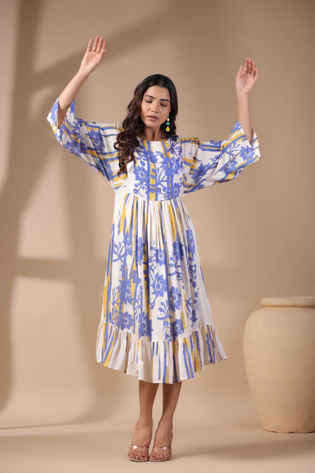 Womens Viscose Rayon Blue Yellow Printed Embroidery Dress - Nyaro