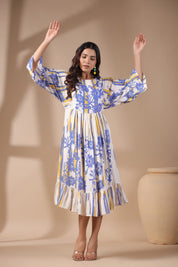 Womens Viscose Rayon Blue Yellow Printed Embroidery Dress - Nyaro