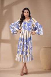 Womens Viscose Rayon Blue Yellow Printed Embroidery Dress - Nyaro