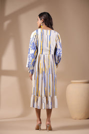 Womens Viscose Rayon Blue Yellow Printed Embroidery Dress - Nyaro