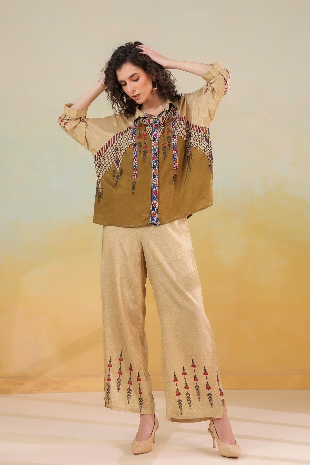 Women’s Viscose Santoon Beige Color Embroidered Co - Ord Set: - Nyaro