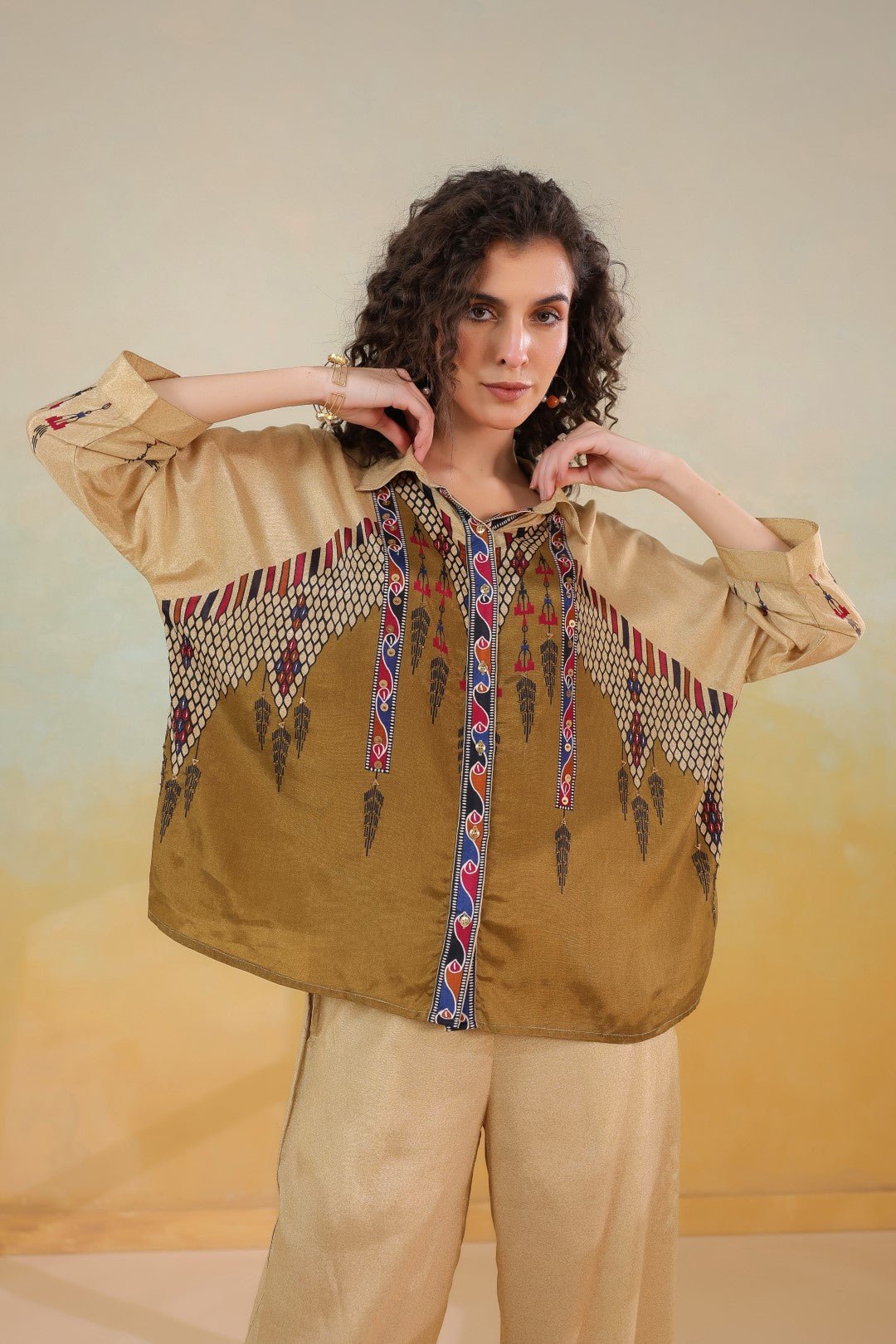 Women’s Viscose Santoon Beige Color Embroidered Co - Ord Set: - Nyaro