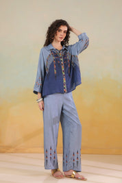Women’s Viscose Santoon Blue Color Embroidered Co - Ord Set: - Nyaro